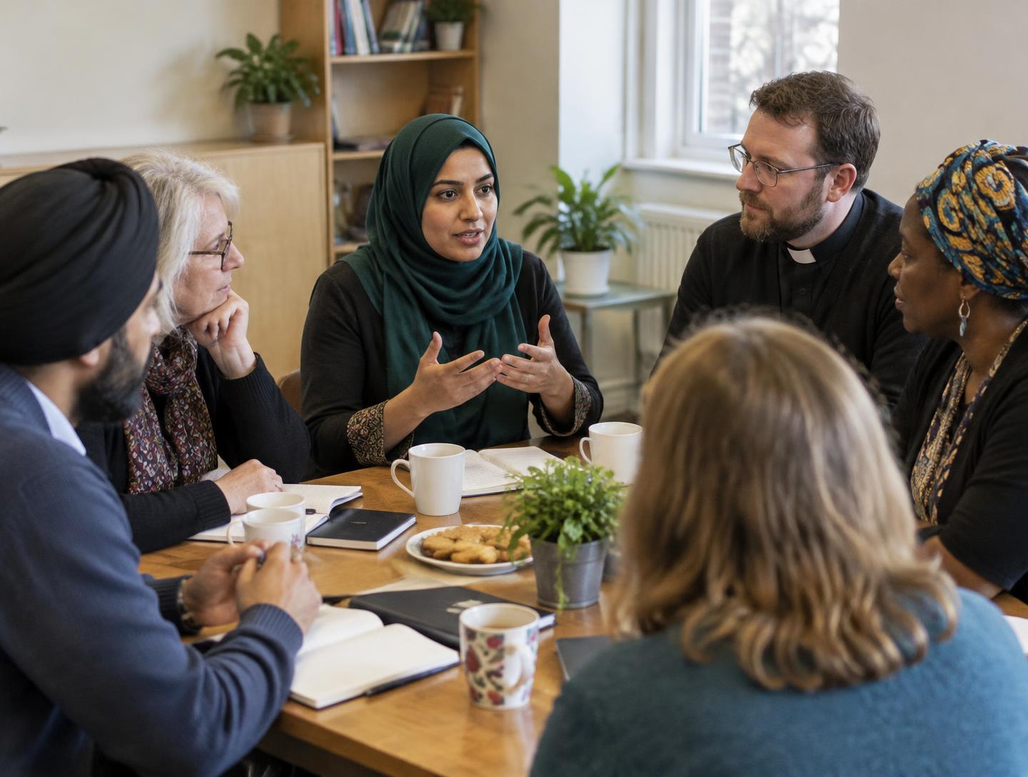 People from different faith communities discussing together around a table.